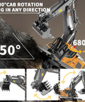 ID Gerilla RC excavator toy with metal shovel, orange cab and gray arm, 680° rotation.