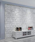 Diamond Pattern Grey PVC Wall Panels 19.7 Inch Square Pack Of 12 Lightweight Fire Resistant Easy DIY For Living Room Bedroom Kitchen TV Backdrop And Slick Accent Walls installed on wall behind a white console table.