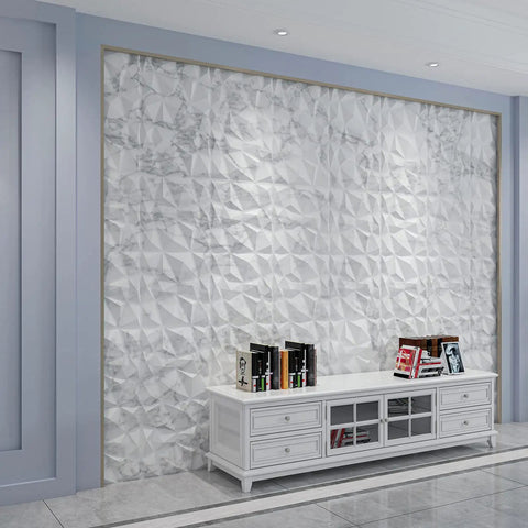 Diamond Pattern Grey PVC Wall Panels 19.7 Inch Square Pack Of 12 Lightweight Fire Resistant Easy DIY For Living Room Bedroom Kitchen TV Backdrop And Slick Accent Walls installed on wall behind a white console table.