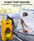 Man using Heavy Duty 15 Gallon Gas Can With Manual Transfer Pump And 10 Feet Hose, Portable Gas Caddy With Wheels, Leak Proof Fuel Tank For Lawn Mowers Cars Boats And ATVs, Yellow on a boat