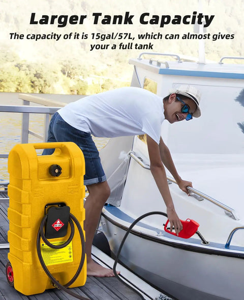Man using Heavy Duty 15 Gallon Gas Can With Manual Transfer Pump And 10 Feet Hose, Portable Gas Caddy With Wheels, Leak Proof Fuel Tank For Lawn Mowers Cars Boats And ATVs, Yellow on a boat