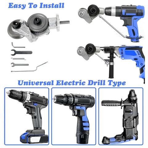 Powerful Electric Drill Plate Cutter Attachment For DIY Sheet Metal Cutting With Adapter displayed with drills and tools