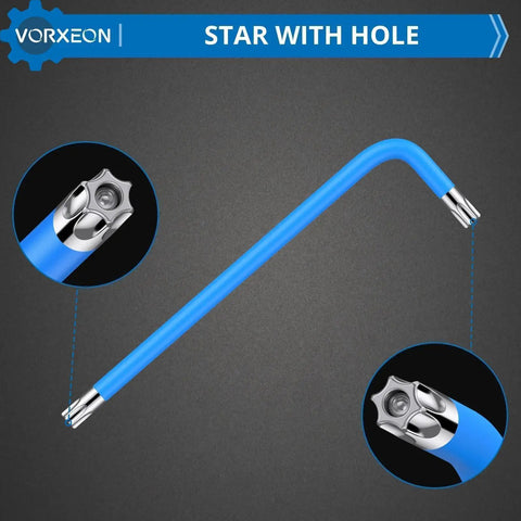 Nine Piece Pro Grade Torx Star Wrench Key Set T10 To T50 with visible coding, blue handle, hole, and chrome-plated long arm.