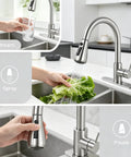 Brushed Nickel Kitchen Faucet With Pull Down Sprayer High Arc Single Handle Stainless Steel Sink Faucet in use, showing 3 spray modes.