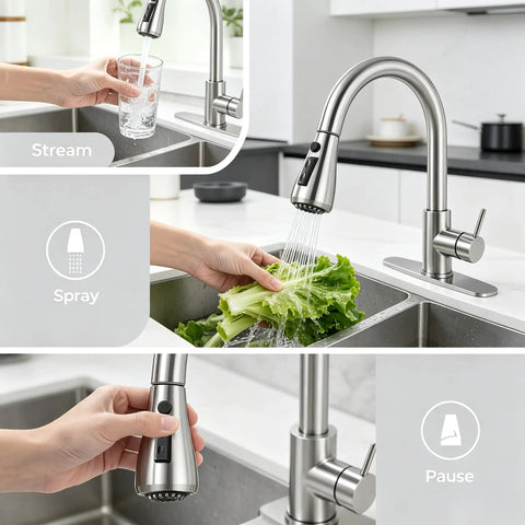 Brushed Nickel Kitchen Faucet With Pull Down Sprayer High Arc Single Handle Stainless Steel Sink Faucet in use, showing 3 spray modes.