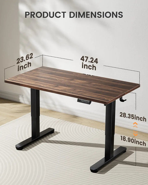 Top Notch ErGear Low Height Adjustable Electric Standing Desk 48 X 24 Inches For Kids showing product dimensions and solid walnut finish.