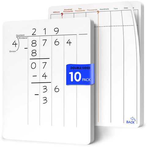 Division And Place Value Math Practice 9 By 12 Inch Dry Erase Sheets White Boards For Third Grade Long Division And Basic Fact Practice Classroom Pack Of 10 Hands On Learning For Class And At Home, showing division example and place value chart.