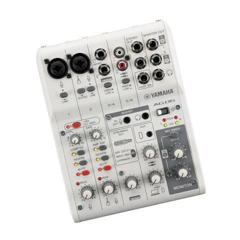 White 6 Channel Live Streaming Mixer With USB Audio Interface Loopback DSP Effects Dual Phantom Mic Preamps