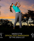 Female golfer swinging at sunset, promoting Stabilized Golf Rangefinder With Slope, Waterproof Build, OLED Display, Hyper Read Fast Laser.