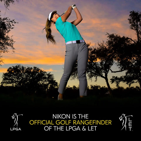 Female golfer swinging at sunset, promoting Stabilized Golf Rangefinder With Slope, Waterproof Build, OLED Display, Hyper Read Fast Laser.