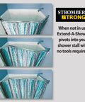 Three images of Extend A Shower Space For 35 To 42 Inch Open Showers Universal Fit that can be trimmed, showing pivoting action.
