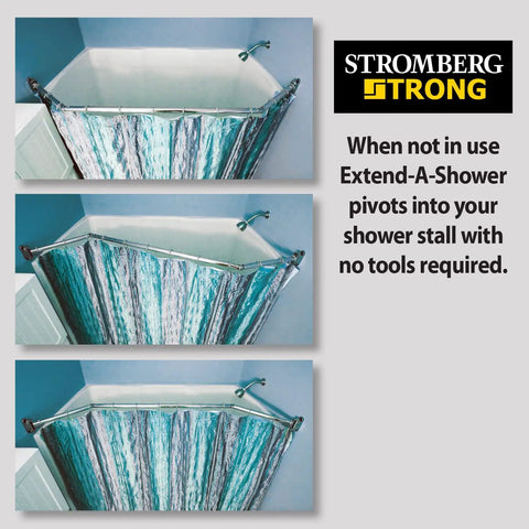Three images of Extend A Shower Space For 35 To 42 Inch Open Showers Universal Fit that can be trimmed, showing pivoting action.