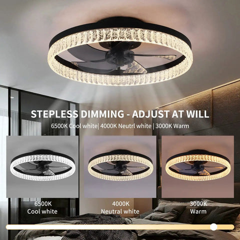 Bladeless Ceiling Fan With Lights Remote Control, Dimmable LED, showcased in three color tones: cool, neutral, and warm.