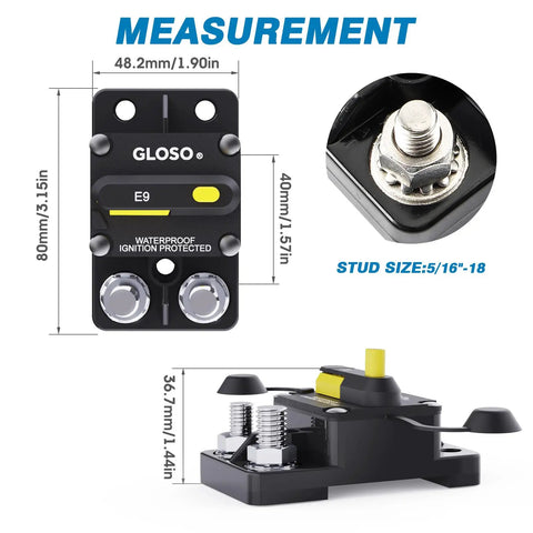 Badass 175A Circuit Breaker With Darn Tough IP67 Seal And Switchable Manual Reset for rugged wiring, size specifications shown.