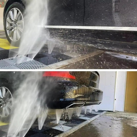 Automated jets from the Next Level 360 Degree Contactless Car Wash System with High Pressure Brushless Jet and Fast Water Pump cleaning a car.