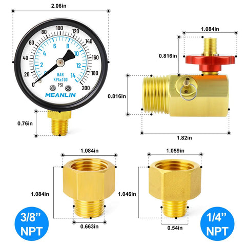 Heavy Duty Air Tank Repair Kit Featuring Solid Aluminum And Brass Valves Plus Zero To Two Hundred Psi Gauge with detailed measurements.