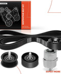 Engine Serpentine Belt Drive Kit With Tensioner And Idler Pulley For Hyundai And Kia Cars 2.0L 2.4L, belt and pulleys displayed