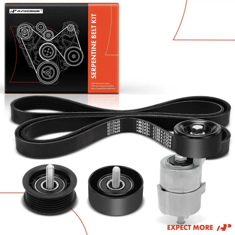 Engine Serpentine Belt Drive Kit With Tensioner And Idler Pulley For Hyundai And Kia Cars 2.0L 2.4L, belt and pulleys displayed