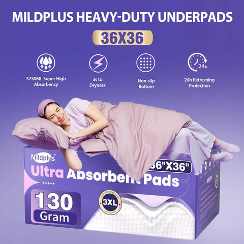 Legit Heavy Duty Disposable Underpads 36X36 Inches 50 Pack Super Soak Adult Pee Pads For Seniors And Pets Pro Level Hospital Grade change sheets with a woman sleeping comfortably.