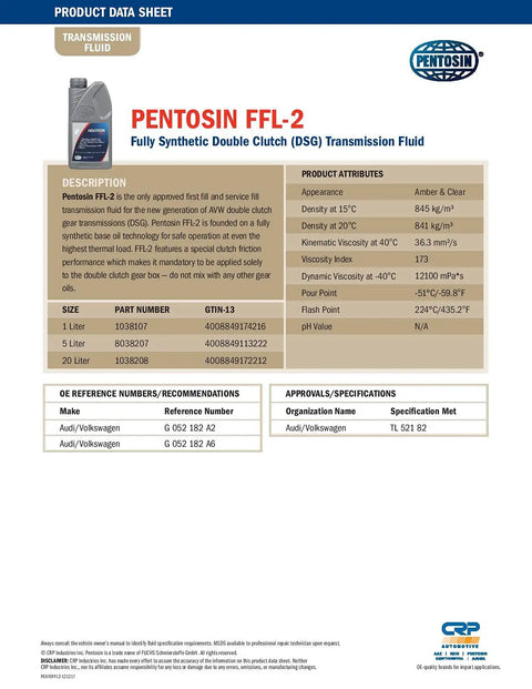 Data sheet for Fully Synthetic DSG Transmission Fluid Kit, 5 Liter Pack With All Service Parts, FFL-2 Approved product