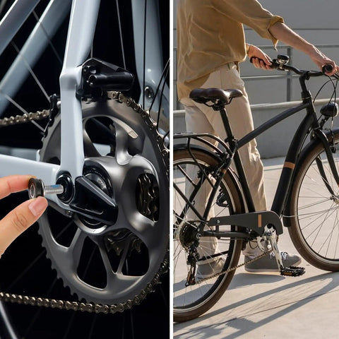 Close-up of six 8mm hex crank arm bolts installation on bike, showing durable metal construction and square crankset compatibility