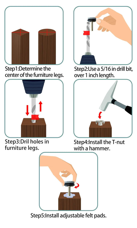 Step-by-step guide for installing 24 Pack Adjustable Furniture Leveling Feet With Quarter Twenty Threaded Stems.