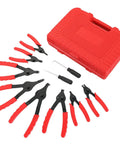 11 Piece Snap Ring Pliers Set Tough As Nails Heavy Duty Straight And Bent Retaining Ring Pliers With Hook And Pick Internal And External Circlip Removal Tools For Cars Trucks Motorcycles Lawn Mower And Farm Equipment Built With Heat Treated 45 Steel displayed with red carrying case.