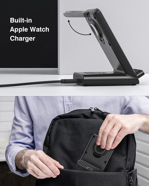 3 In 1 Wireless Charging Dock For Apple Watch Series Ultra Through 3, iPhone 12 Through 17, And AirPods Pro, compact black stand