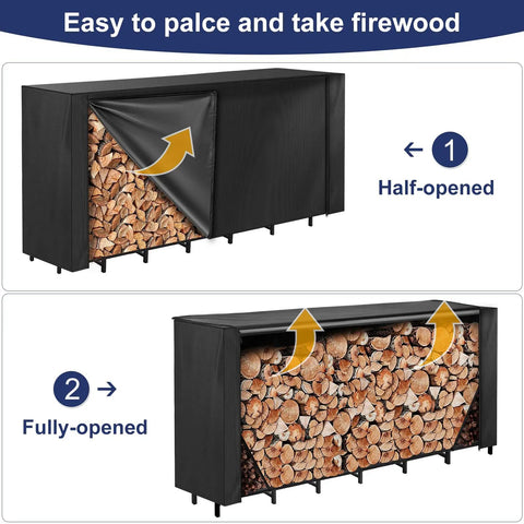 Heavy Duty 8-Foot Firewood Rack Cover With Zipper And Front Flap, 600D Oxford Waterproof Shield half-open and fully-open view