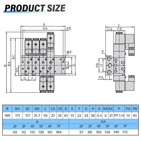 Technical diagram showing dimensions of Pneumatic 200M Two Position Manifold Base For 4V210 4V220 4V230 Solenoid Valves.
