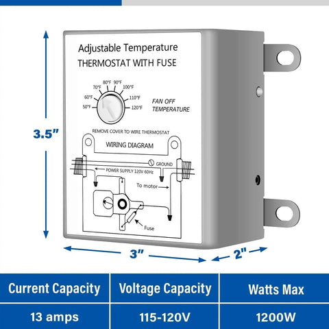 Thermostat for 12 Inch Wall Mounted Shutter Exhaust Fan With Temperature Controller And Power Cord Kit, diagram visible