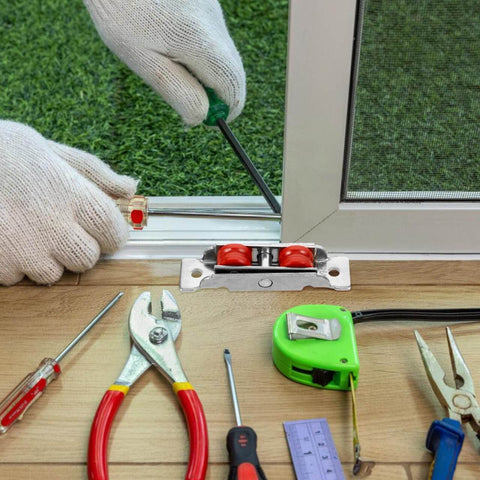Installation of Stainless Steel Sliding Door Wheel Replacement Kit With Dual Nylon Wheels And Integrated Ball Bearings on patio door frame