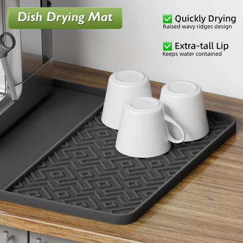 Raised Edges Silicone Coffee Mat 19 By 12 Inches Waterproof Countertop Protector with cups on black mat near espresso machine