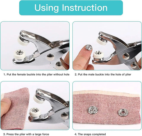 Using instructions for Top Shelf 3/8 Inch Metal Snap Button Pack with pliers, showing fastener installation steps on fabric.