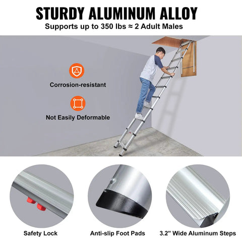 Telescoping Attic Ladder With 350 Lb Capacity, 39.37 By 23.6 Inch Opening, Lightweight Aluminum Extension For Easy Attic Access, Multi Purpose Portable And Durable, Fits 9.8 To 10.5 Foot Ceilings, Three Step Easy Install. Aluminum attic ladder in use with safety lock and anti-slip feet.