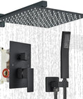 Matte Black Shower System With 12 Inch Rain Shower Head And Handheld Spray Brass Valves 14 Inch Shower Arm One Point Five Meter Hose