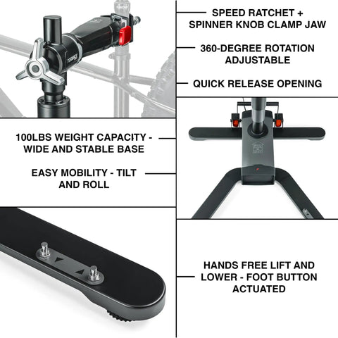 Electric Height Adjustable Bike Repair Stand With 100 Lb Capacity Hands Free Foot Lift Fast Ratchet Clamp shown with features