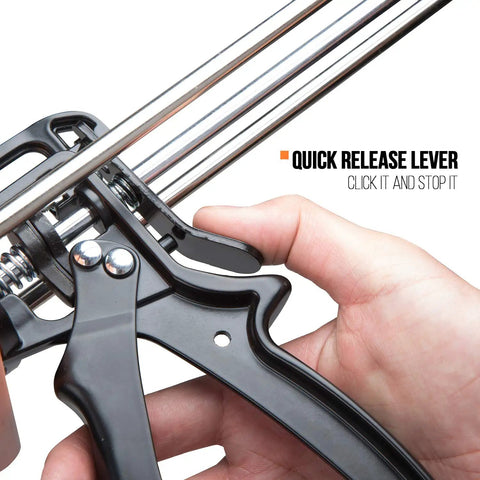 Close-up of hand using quick release lever on 600 Ml Dual Component Cartridge Gun For Epoxy And Foam, 26:1 High Thrust