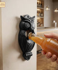 Solid Rockin Cast Iron Wall Mounted Bottle Opener Set Of Two Rustic Owl Design Heavy Duty Beer Cap Grabber with bottle in use