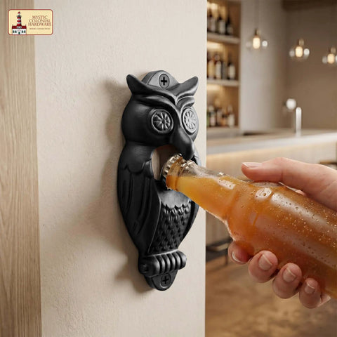 Solid Rockin Cast Iron Wall Mounted Bottle Opener Set Of Two Rustic Owl Design Heavy Duty Beer Cap Grabber with bottle in use
