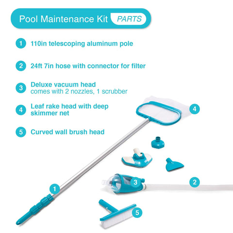Deluxe Above Ground Pool Maintenance Kit with Vacuum for 800 GPH Flow Rate, 110 Inch Telescoping Pole, 24 Foot Hose, parts layout