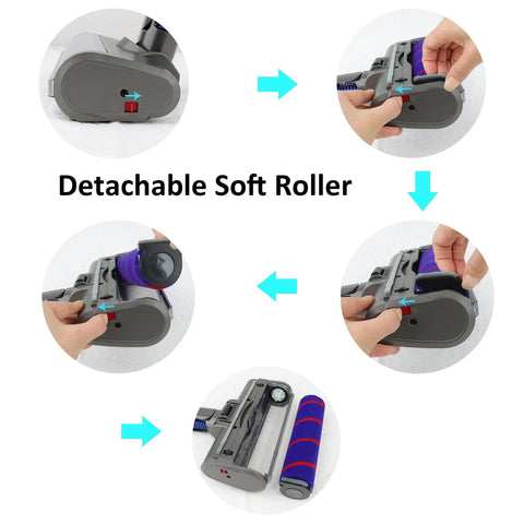 Steps to detach Dyson Quick Release Soft Roller Cleaner Head With LED Indicator Replacement for V7 V8 V10 V11 V15 Cordless Vacs.