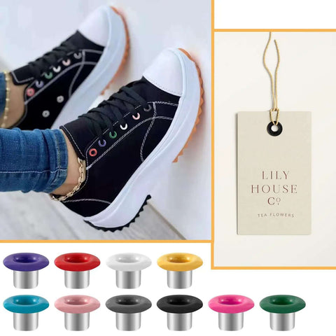 Colorful fasteners from 60 Sets Metal Grommets Kit with 3mm round eyelets and washers in 12 colors for DIY crafts, shown with black sneakers.