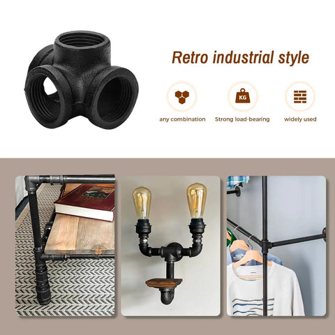1 Inch Black Pipe Fittings 4 Way Side Outlet Tee Set Of Four Built Tough Malleable Cast Iron Threaded Fittings display