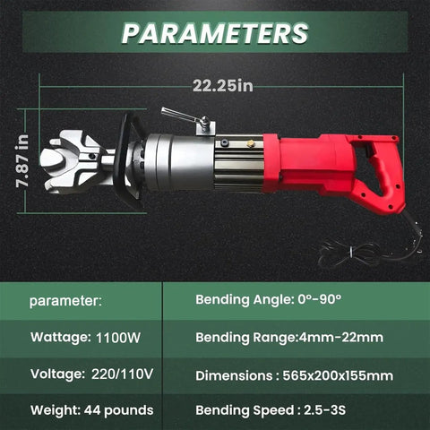Heavy Duty Electric Hydraulic Rebar Bender and Cutter Beast Crushes 4 to 22 mm Steel Bars Fast with 1100 Watt Motor, dimensions and specifications shown.
