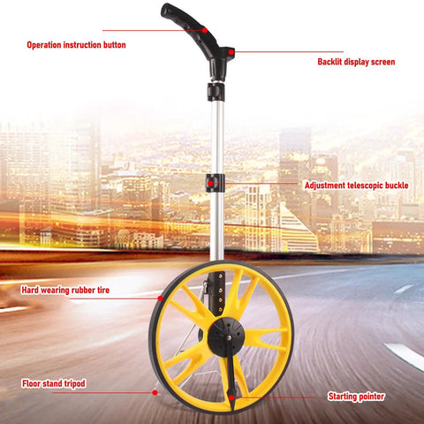 Keenso Digital Measuring Wheel 9999.9M Telescopic Design with yellow wheel and rubber tire for accurate measurements.