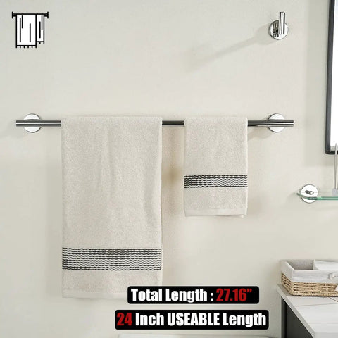 Chrome Towel Bar 27 Inch Built Tough 304 Stainless Steel 0.8mm Tube Wall Mount Towel Holder With Polished Finish Usable 24 Inch Length For Bathroom TB110L24CH installed with towels