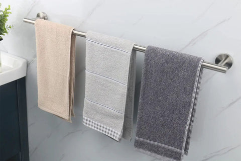 Heavy Duty 30 Inch Stainless Steel Bath Towel Bar Wall Mounted Towel Rack Hanger Built Tough Brushed Nickel SUS304 shown with towels