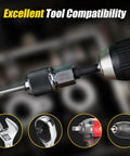 Three Eighths Inch Drive Tap Socket Set With Adjustable Jaws for Tight Spots, shown with drill and tool compatibility icons.
