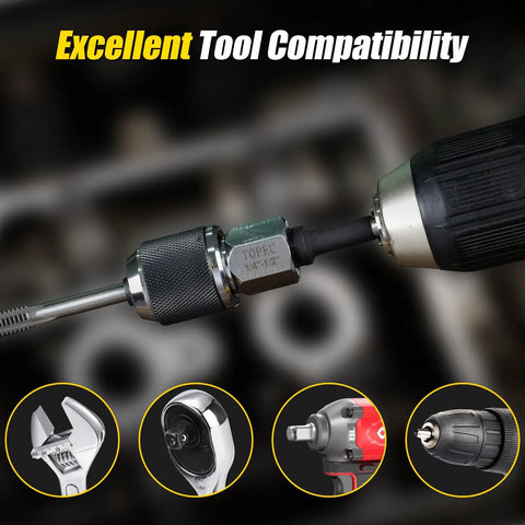 Three Eighths Inch Drive Tap Socket Set With Adjustable Jaws for Tight Spots, shown with drill and tool compatibility icons.